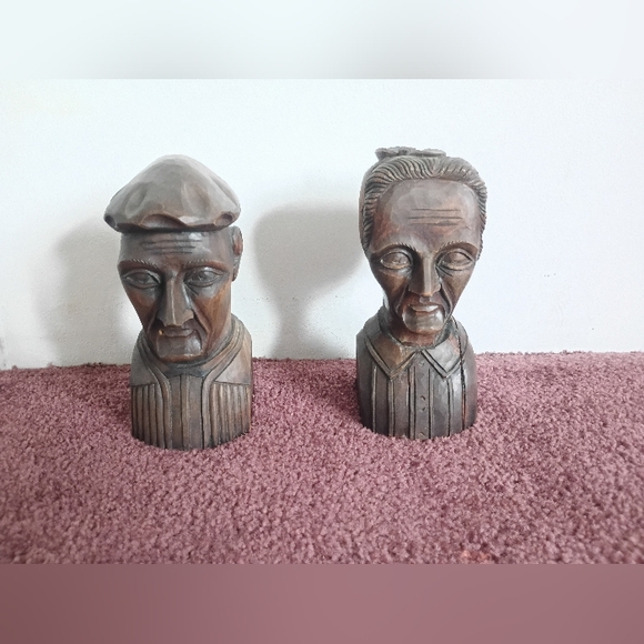 Hand Carved Wood Mid-Century Carving Old Man and Woman